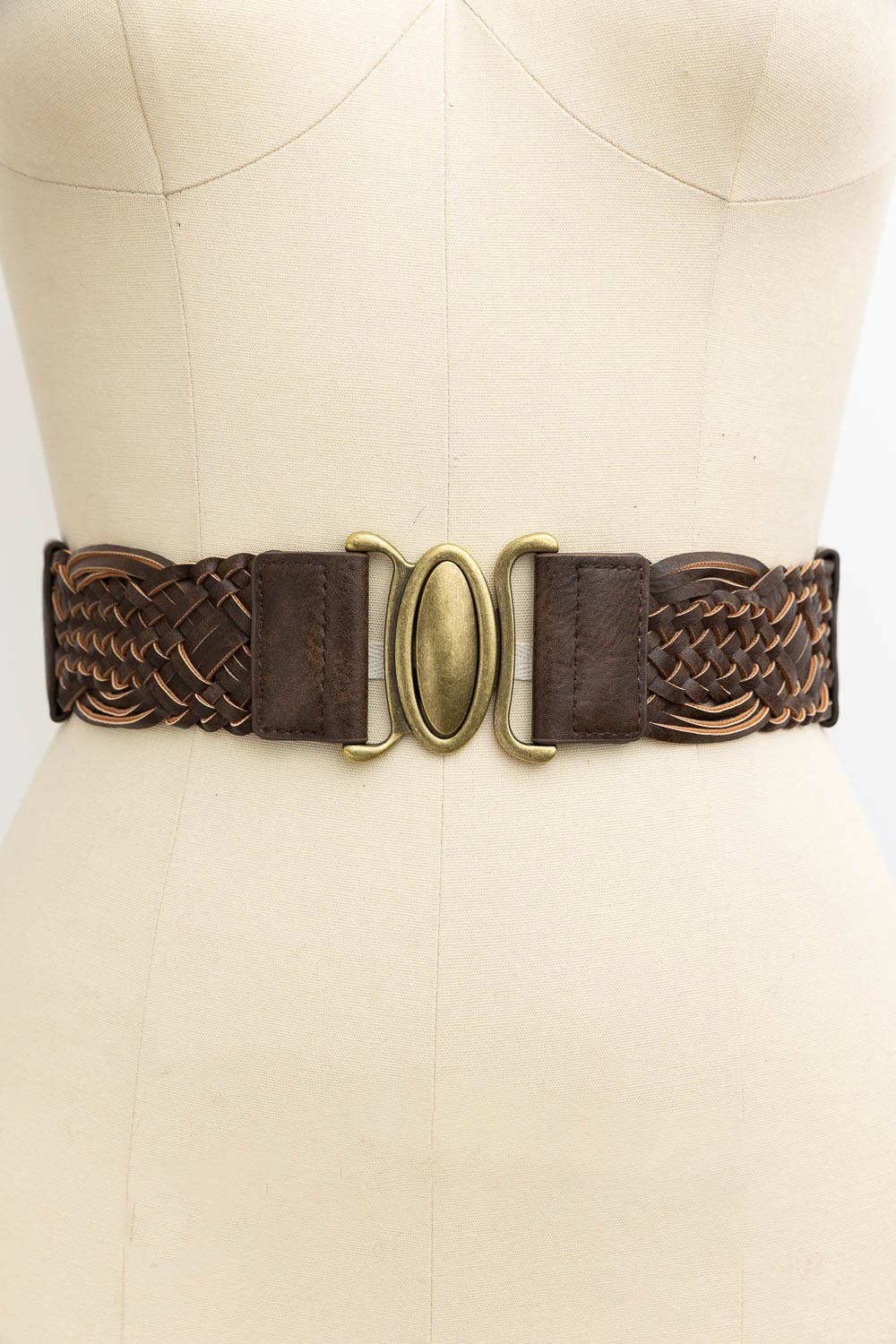 Oval Buckle Braided Elastic Belt | Camel