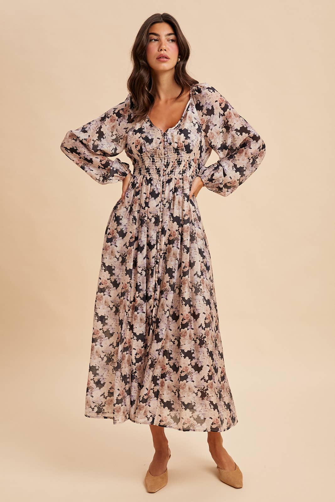 Eliana Floral Smocked Button Down Maxi Dress