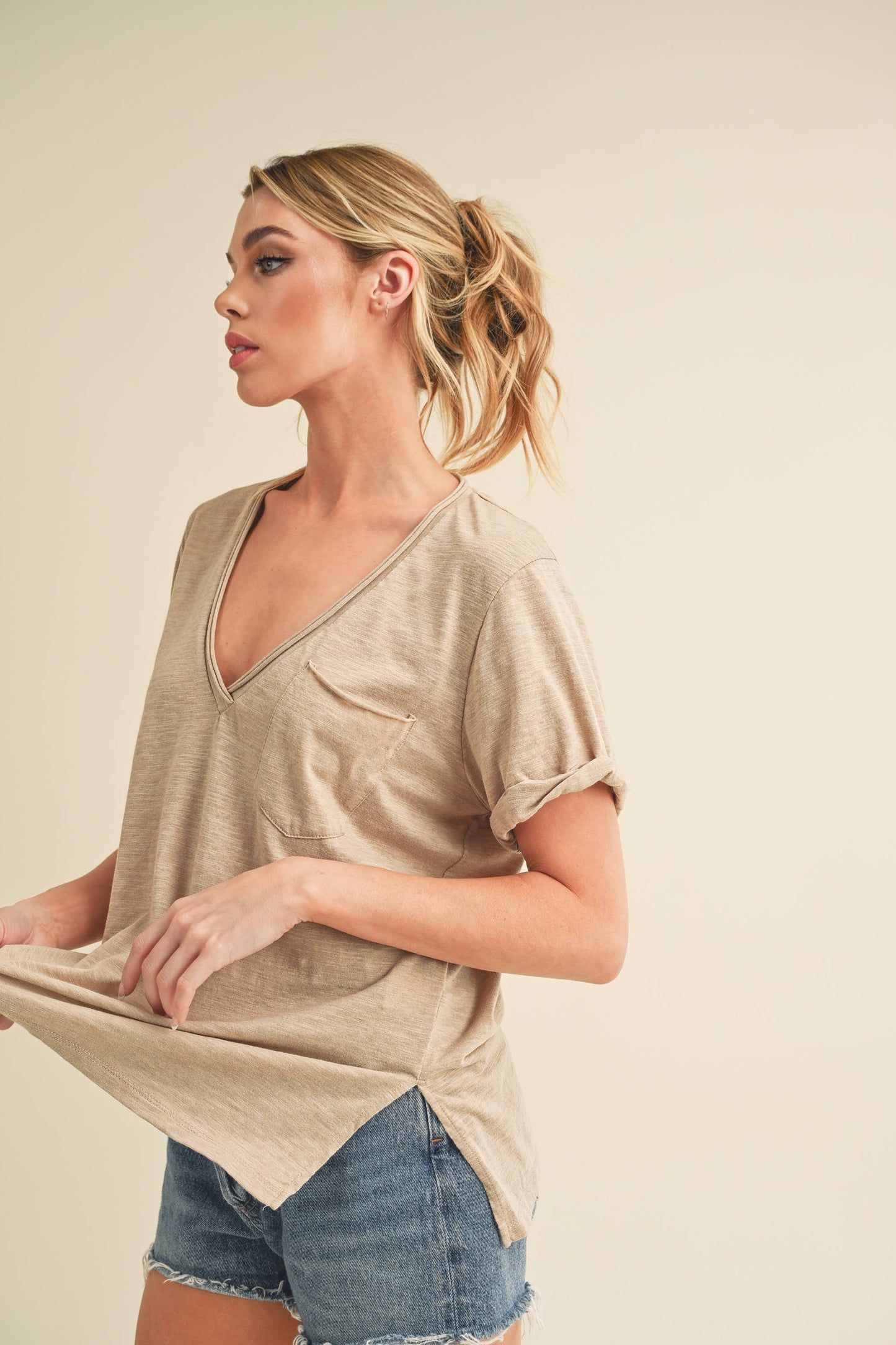 Zoie V-Neck Short Sleeve Top - Oat