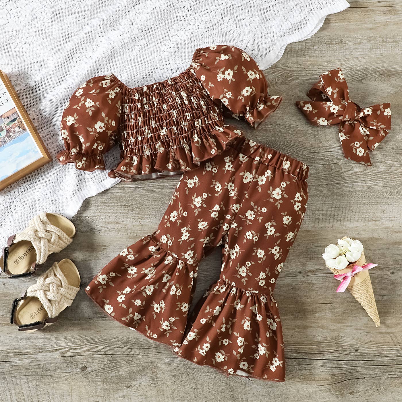 Felicity Top, Flared Pants + Headband Set: Brown