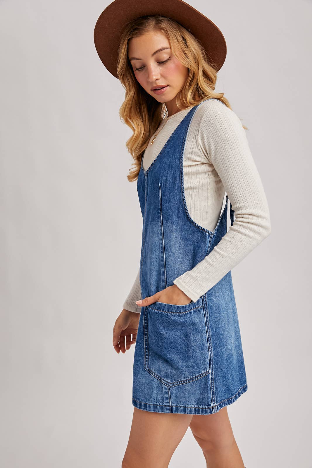 Dezzy Denim Washed Overall Pocket Dress | Light Wash