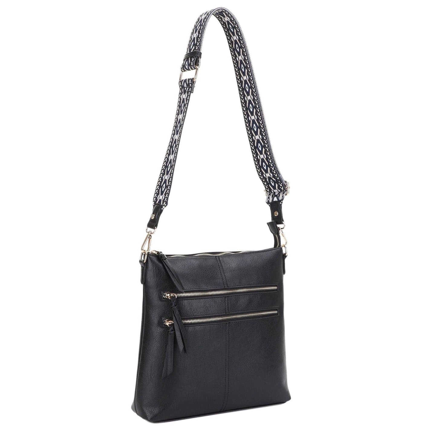 Yeni Double Front Zip Crossbody Bag With Guitar Strap | Black