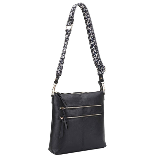 Yeni Double Front Zip Crossbody Bag With Guitar Strap | Black