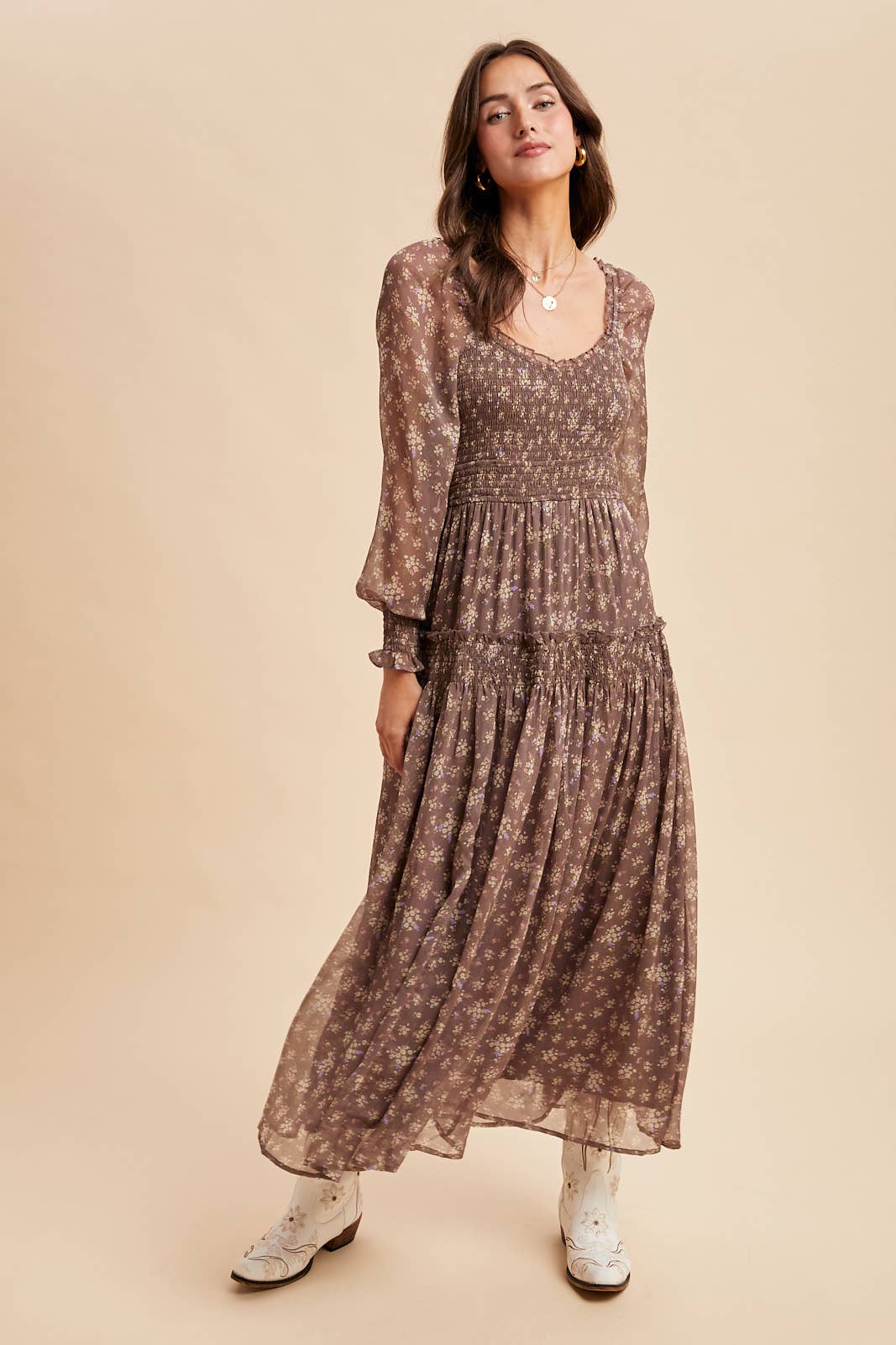 Ivy Smocked Floral Maxi Dress | Dusted Eucalyptus