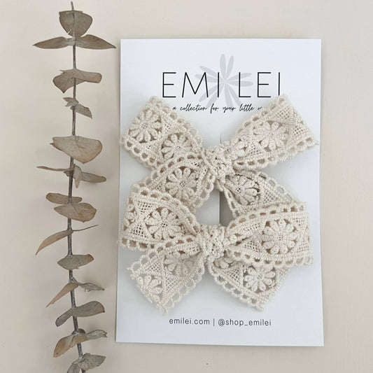 Pigtail Bow Clip Set - Cream Lace
