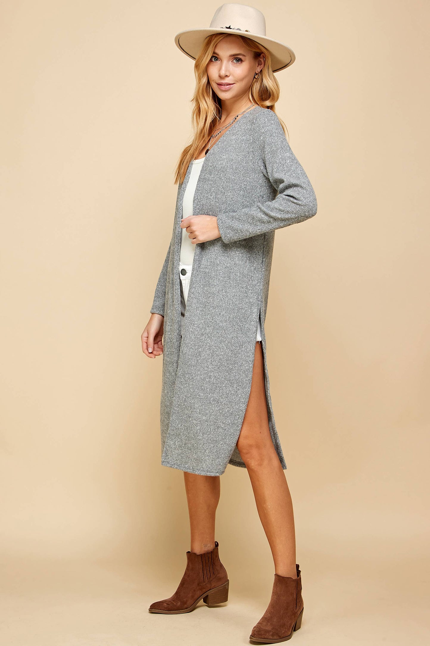 Jane Two-Tone Ribbed Longline Cardigan | Oat + Gray