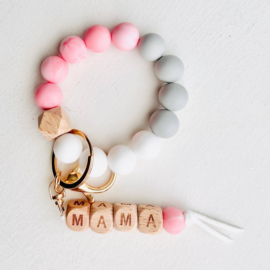 MAMA Bangle Keychain Silicone Wristlet Keyring Bead Bracelet: MAMA Pink