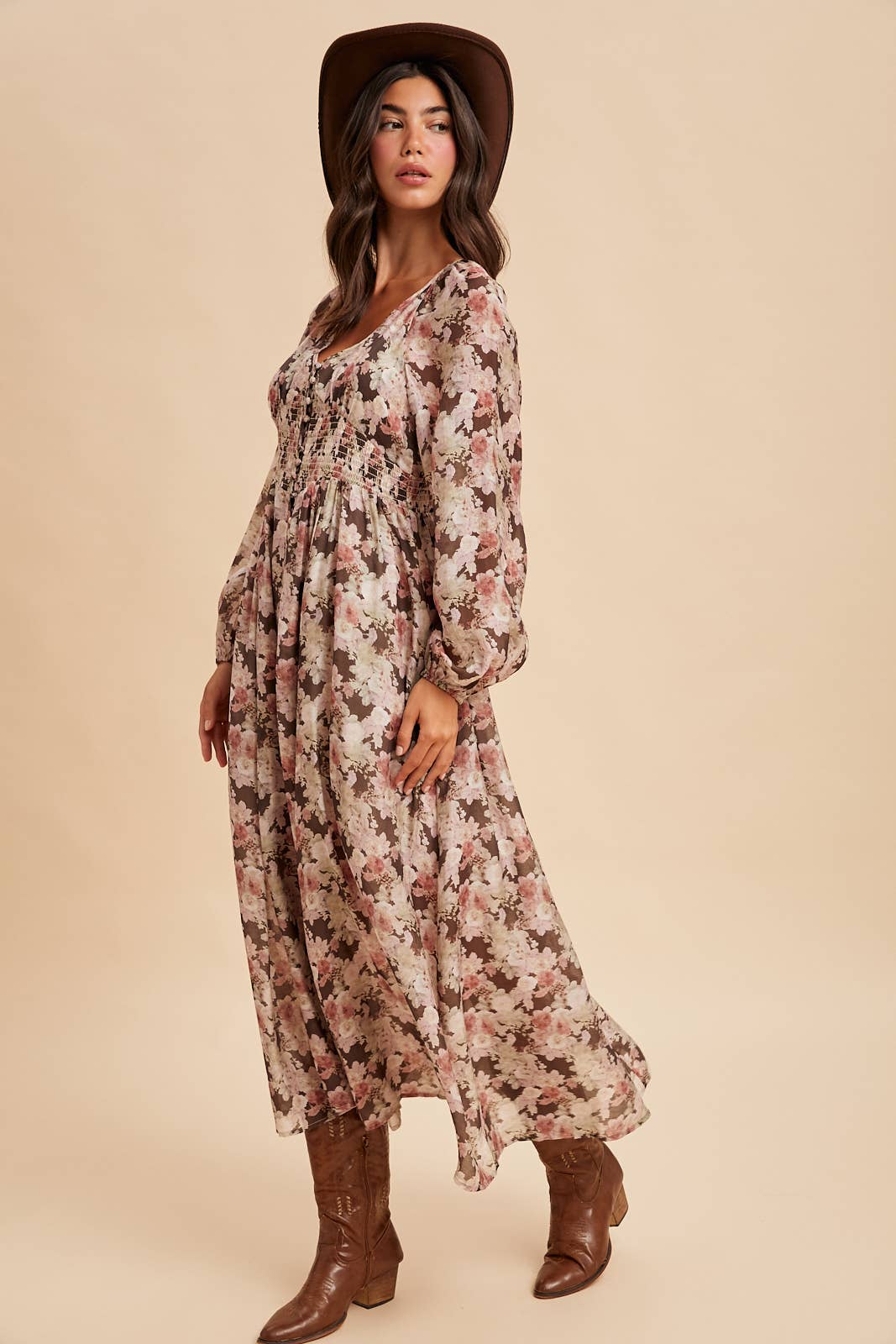 Eliana Floral Smocked Button Down Maxi Dress