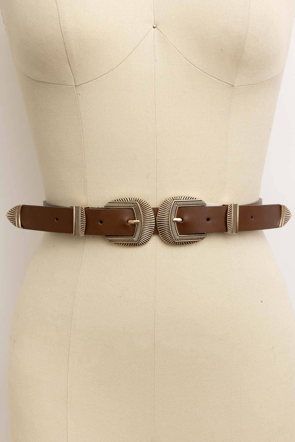 Double Buckle Faux Leather Western Style Belt | Brown