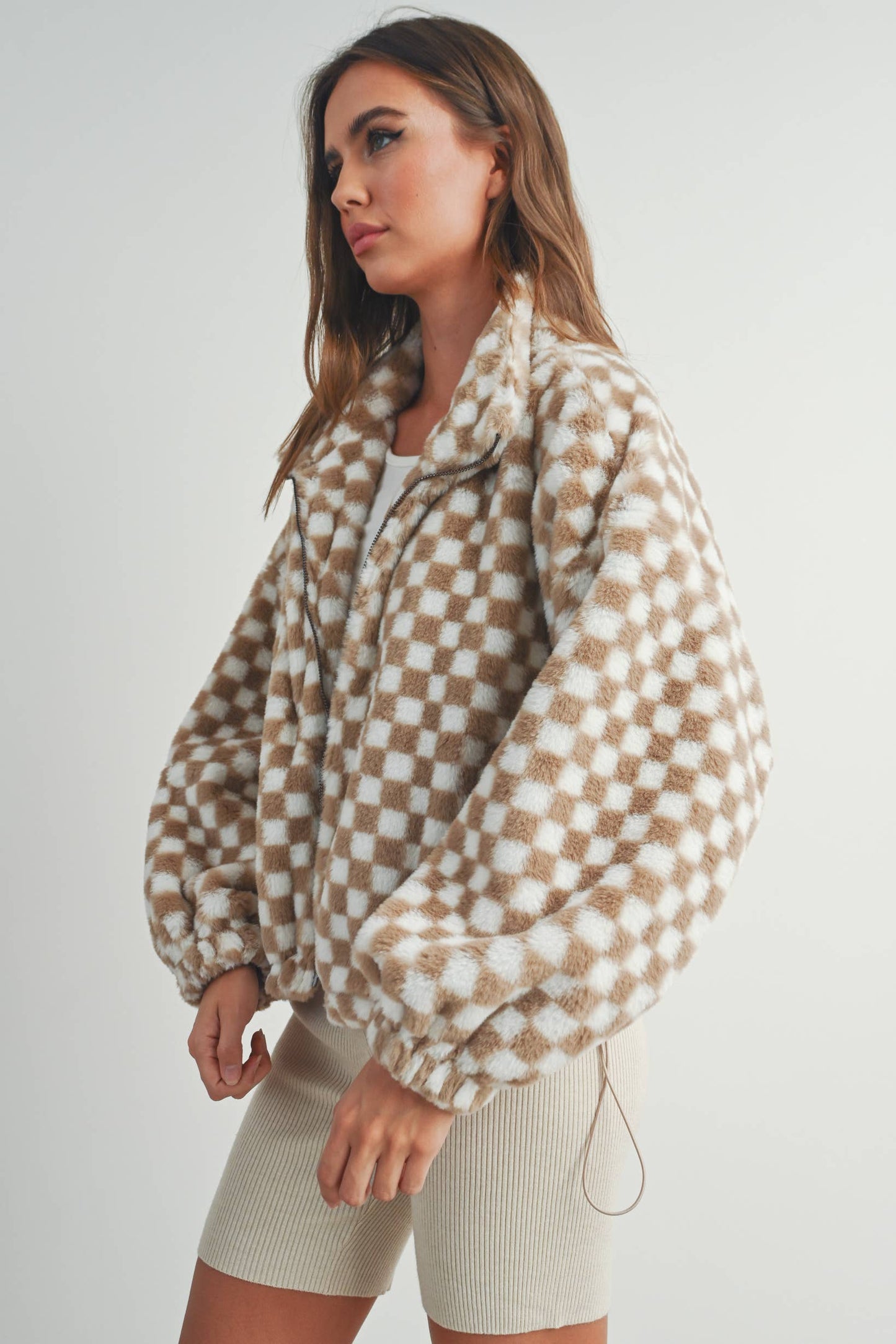 Cozy Checkered Teddy Jacket | TAUPE