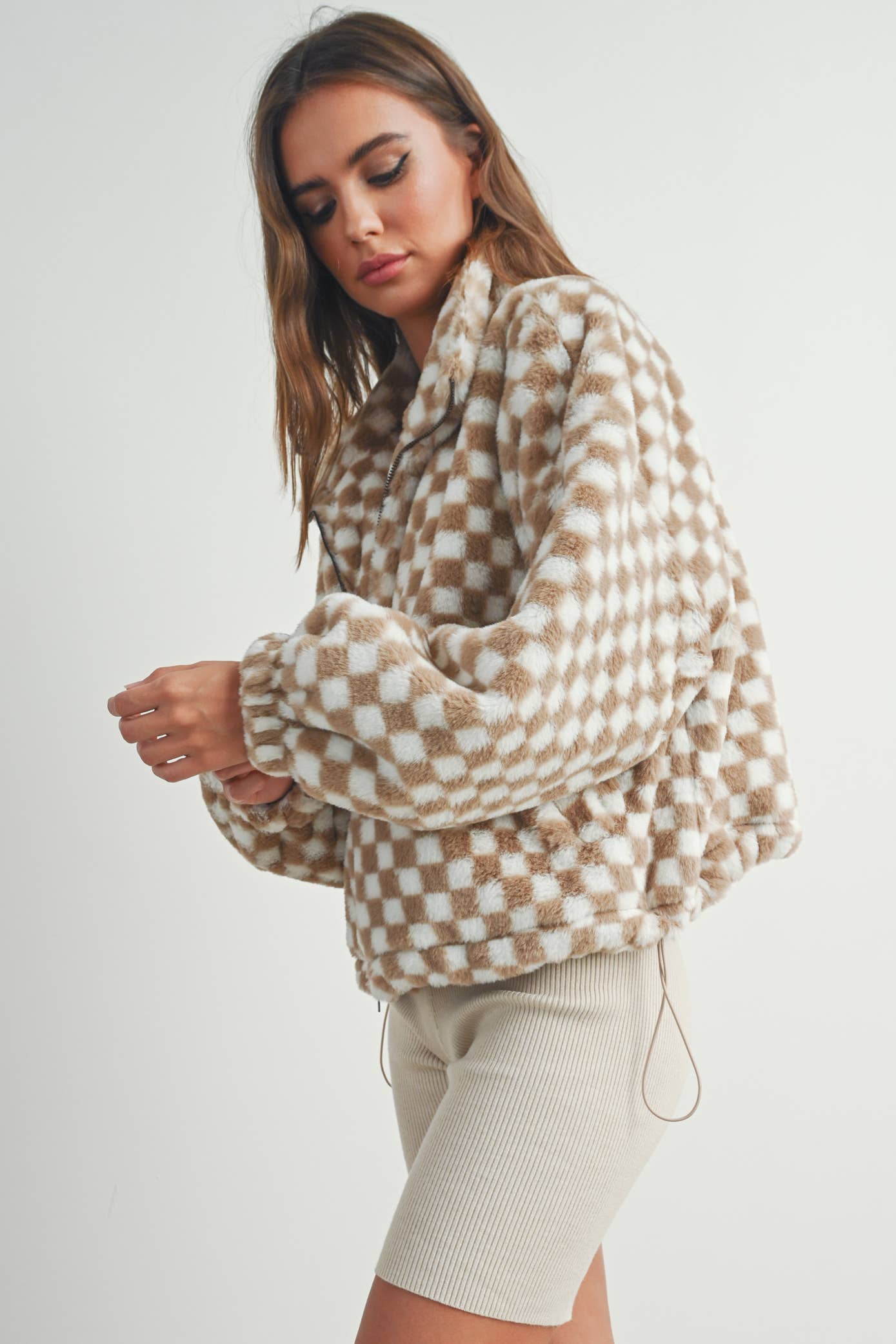 Cozy Checkered Teddy Jacket | TAUPE