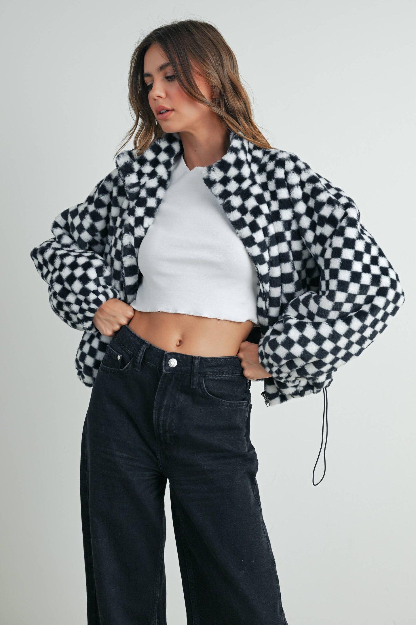 Cozy Checkered Teddy Jacket | TAUPE