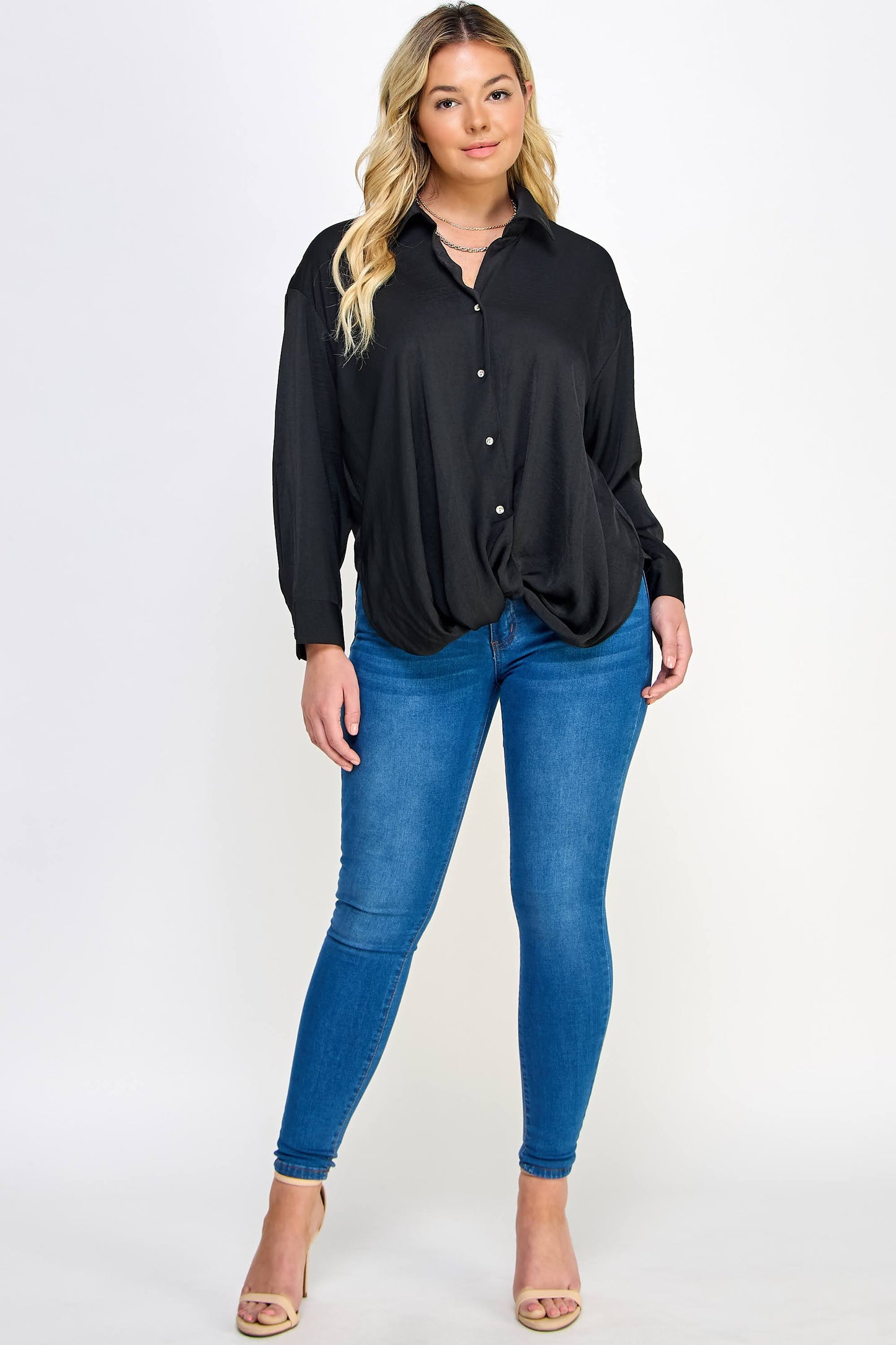 Plus Size Sabrina Satin Twist Front Shirt - Black