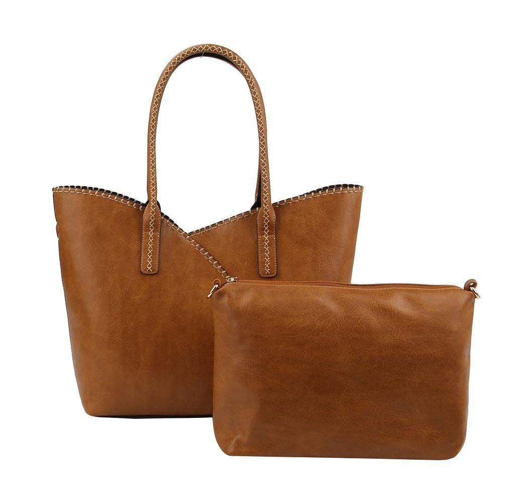 2-in-1 Stitch Trim Detail Shoulder/Tote Set Bag | Gray