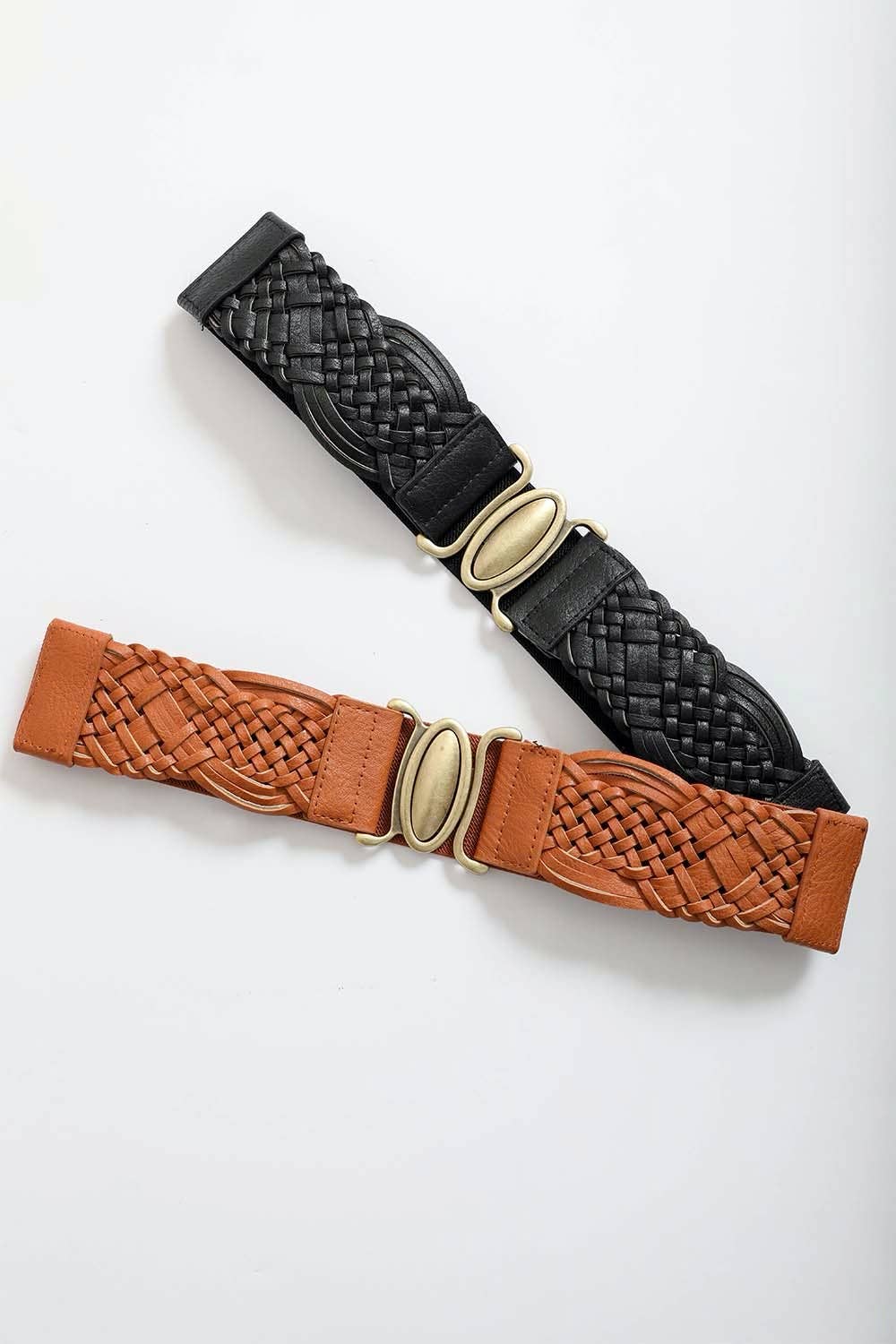 Oval Buckle Braided Elastic Belt | Camel