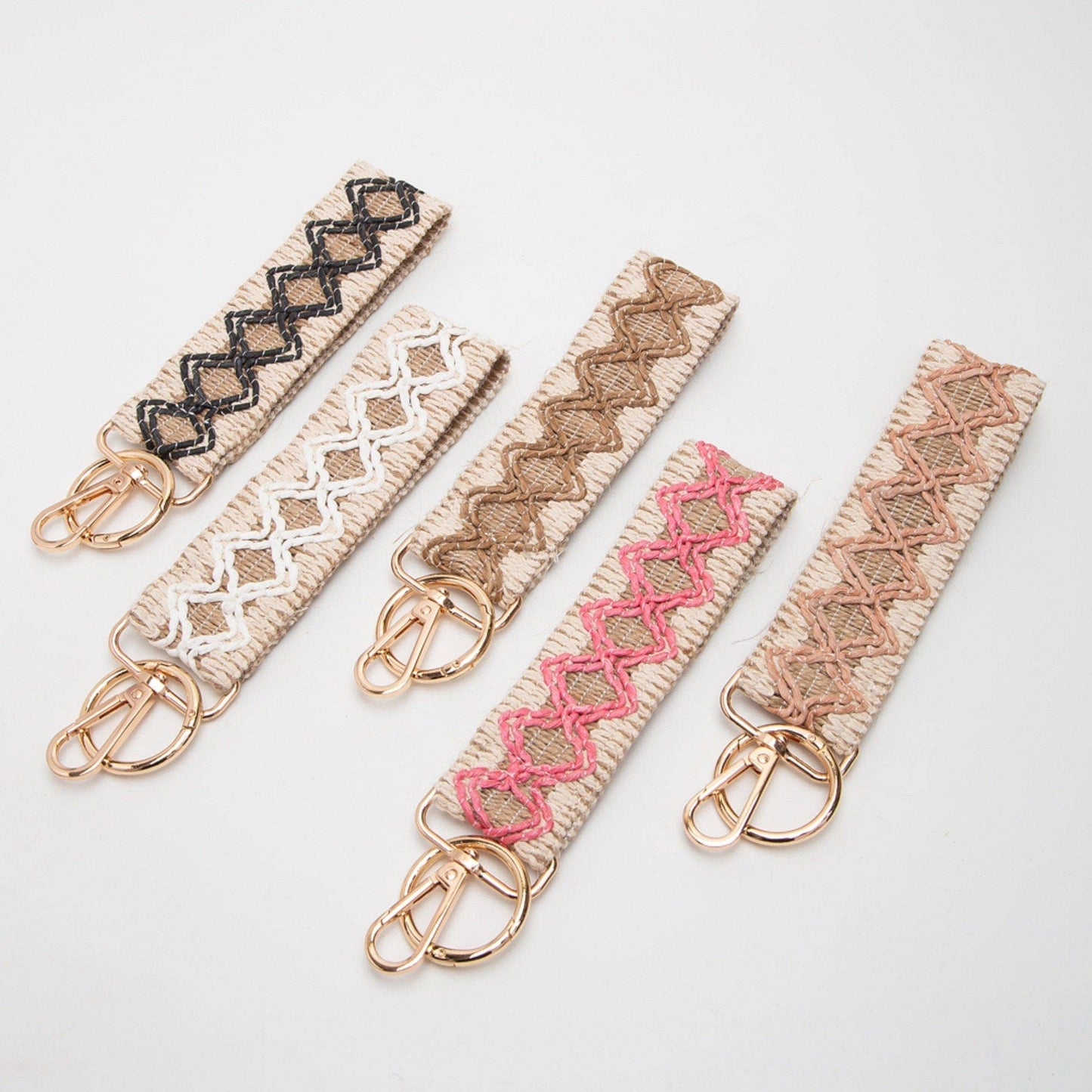 Wave Pattern Straw Wristband/Key Chain | Beige Black