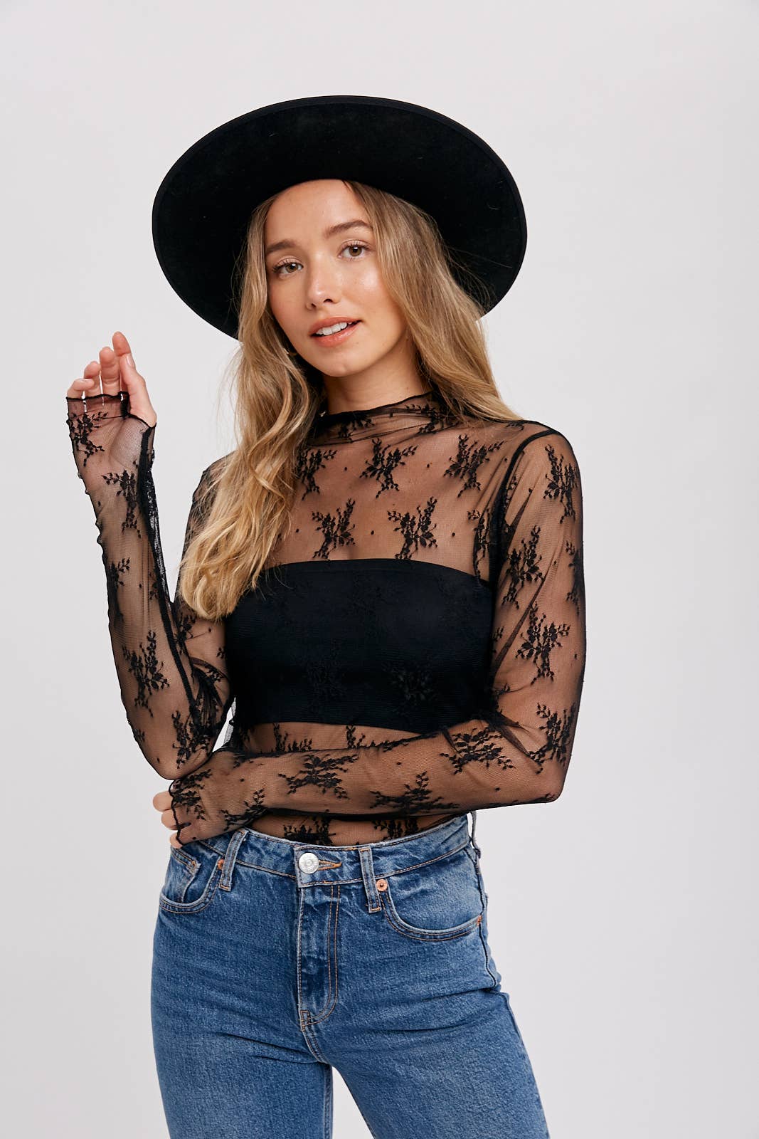Mila Floral Embroidery Mesh Layering Top | Black