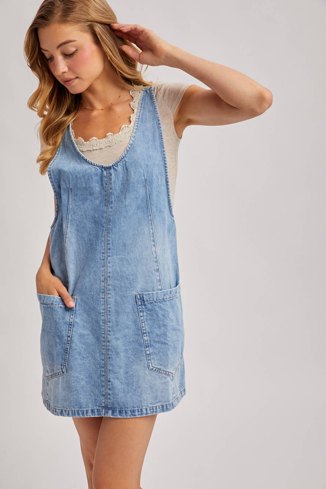 Dezzy Denim Washed Overall Pocket Dress | Light Wash