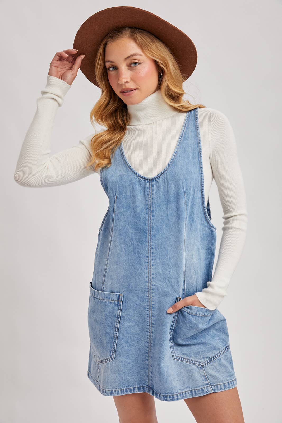 Dezzy Denim Washed Overall Pocket Dress | Light Wash