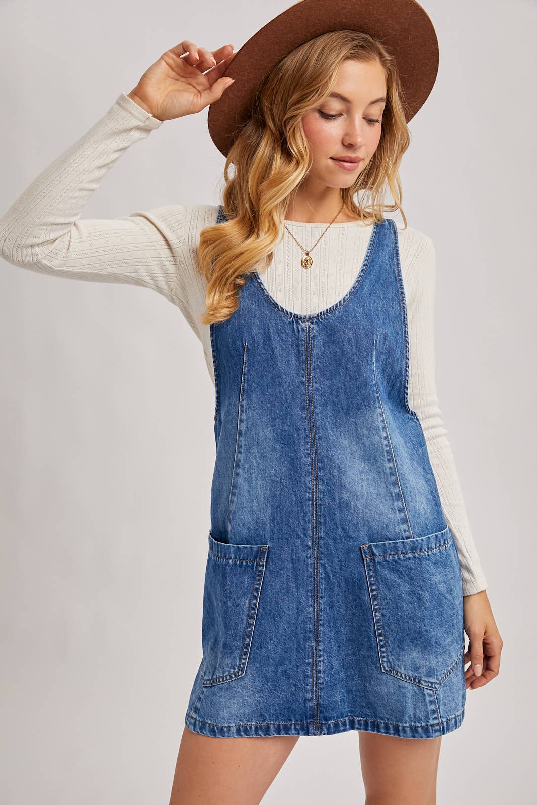 Dezzy Denim Washed Overall Pocket Dress | Light Wash