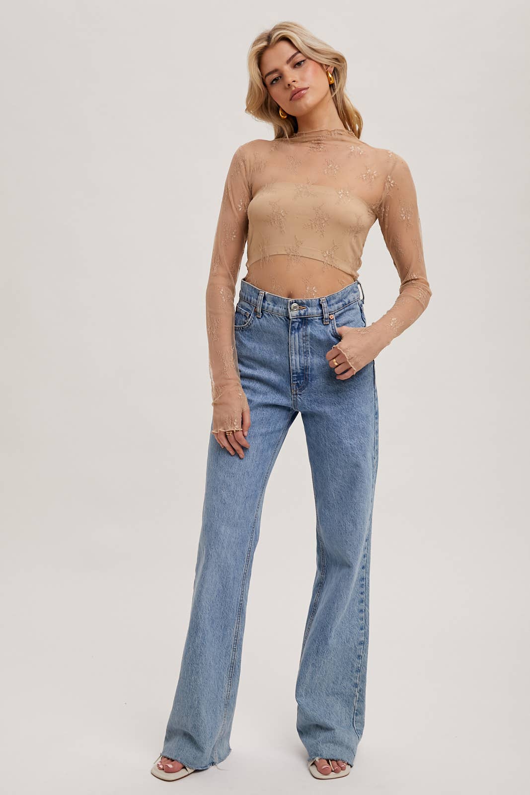 Mila Floral Embroidery Lace Mesh Layering Top | Hazelnut