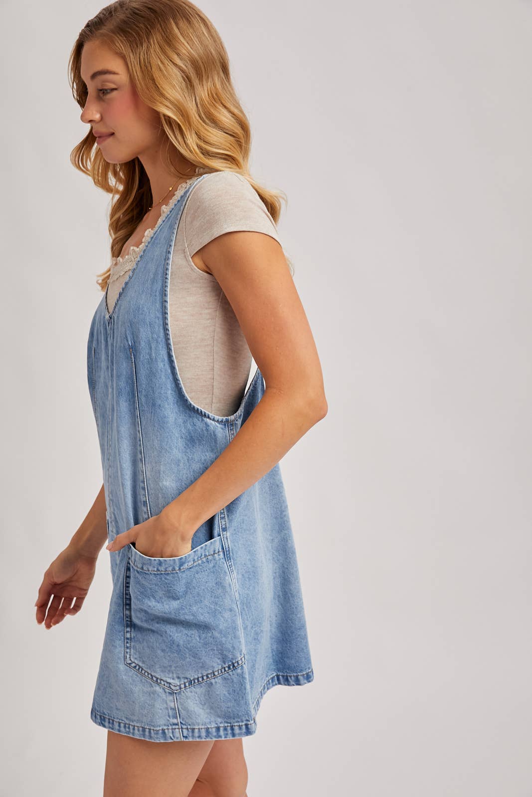 Dezzy Denim Washed Overall Pocket Dress | Light Wash