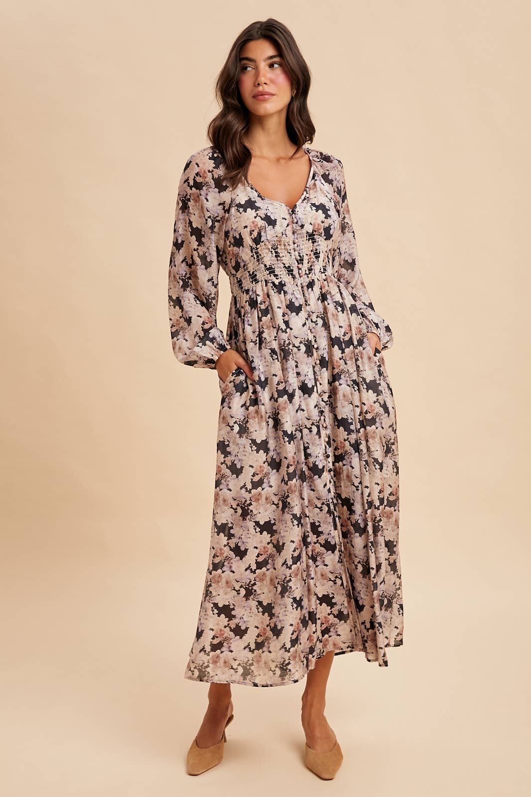 Eliana Floral Smocked Button Down Maxi Dress