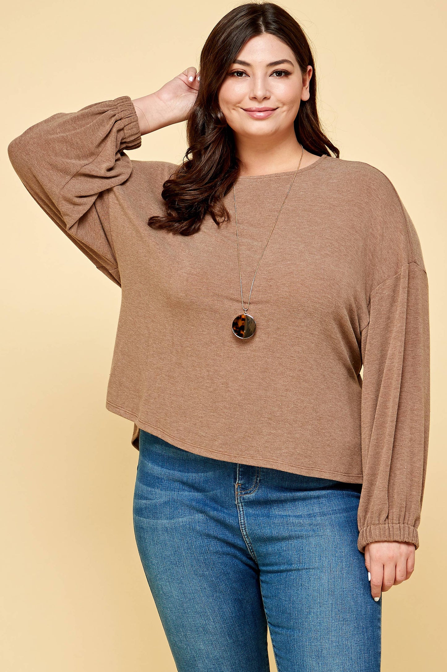 Lesley Plus Size Solid Rouched Back Top | Black