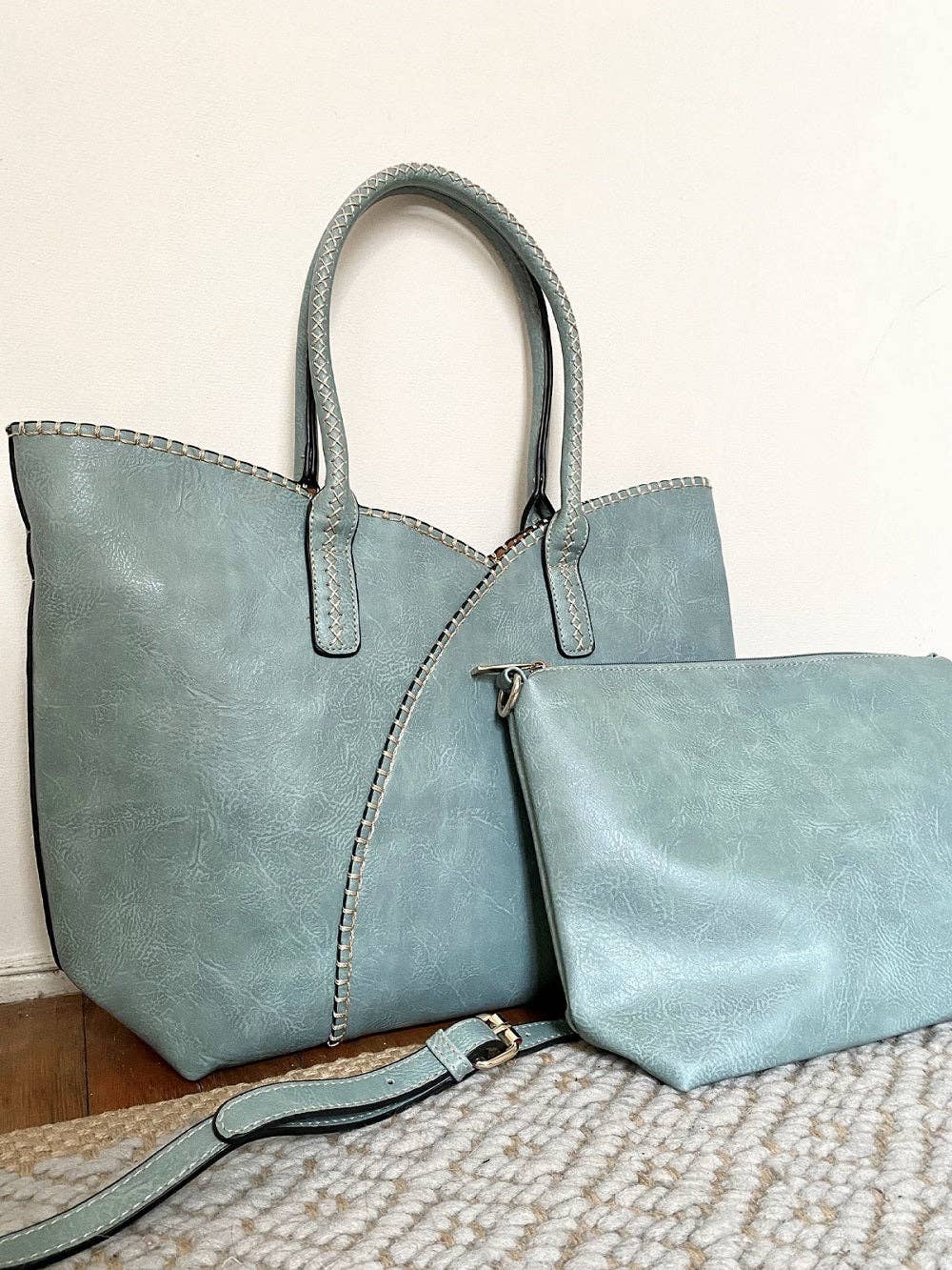 2-in-1 Stitch Trim Detail Shoulder/Tote Set Bag | Gray