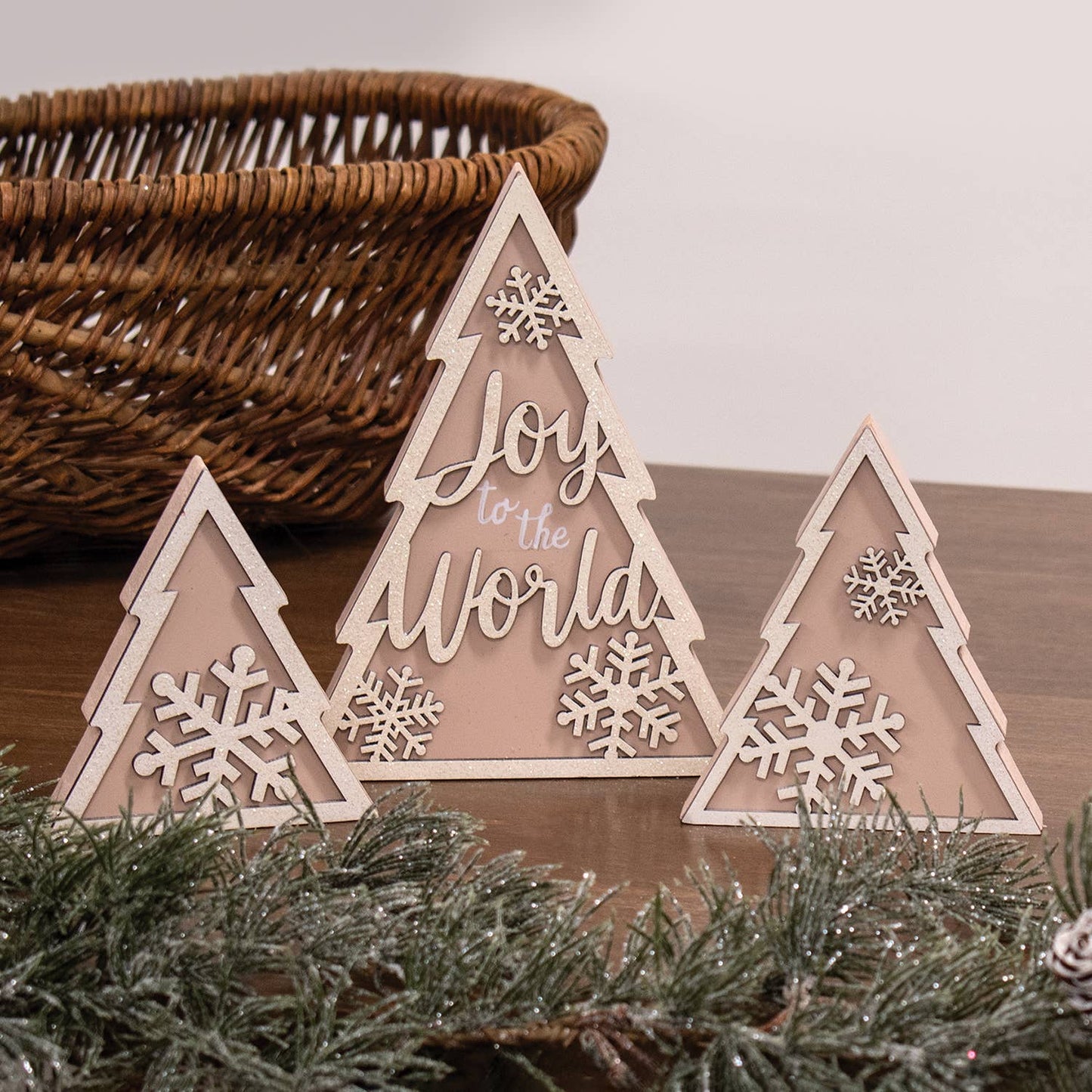 Wooden Joy & Snowflake Christmas Tree Sitters | Set of 3