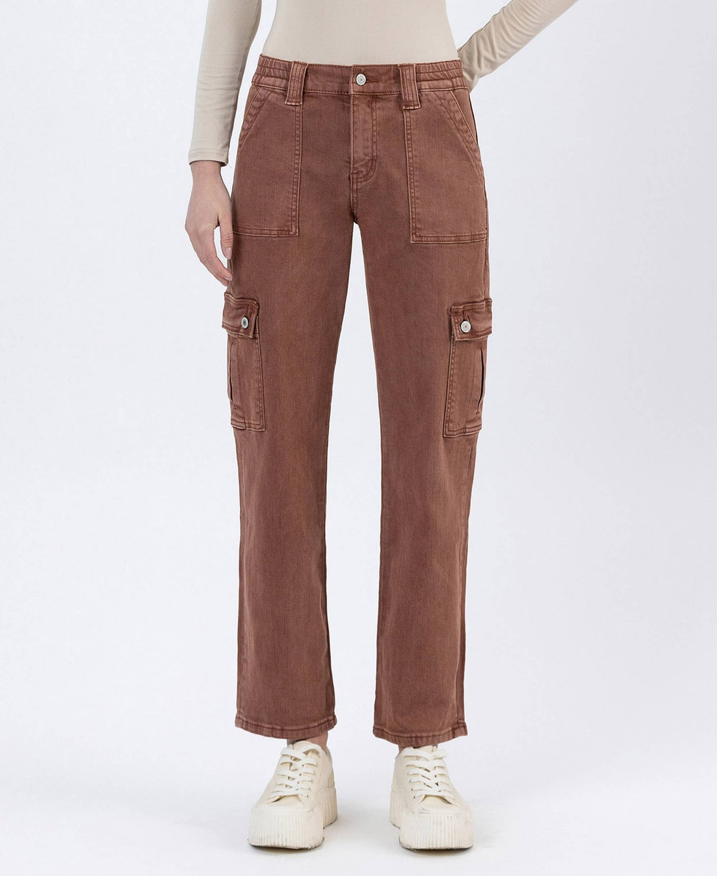 High Rise Patch Pocket Cargo Straight Jeans | Red Brick