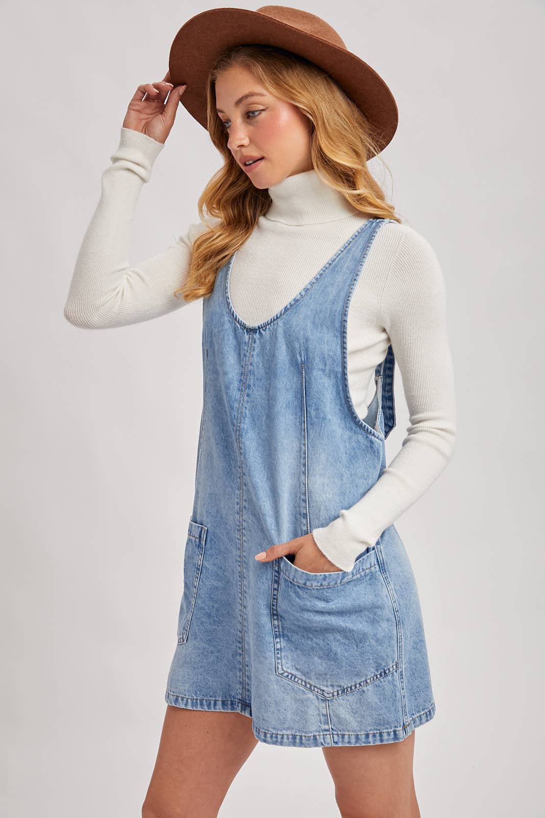Dezzy Denim Washed Overall Pocket Dress | Light Wash