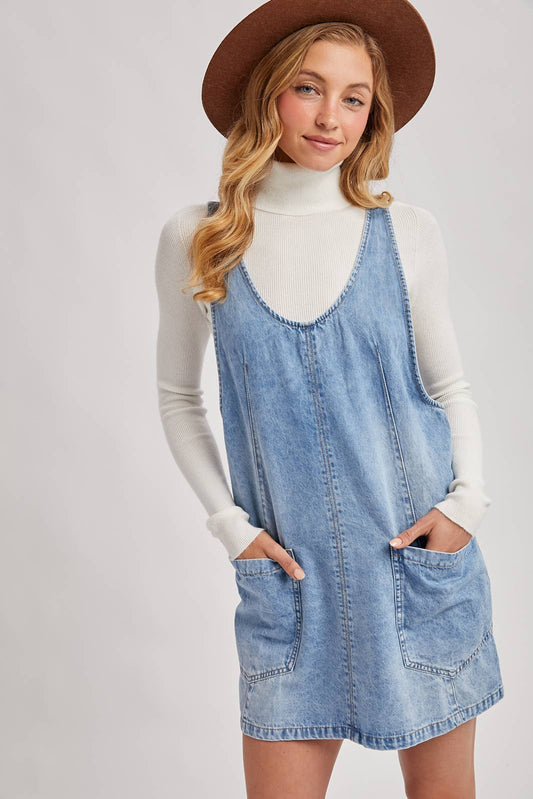 Dezzy Denim Washed Overall Pocket Dress | Light Wash