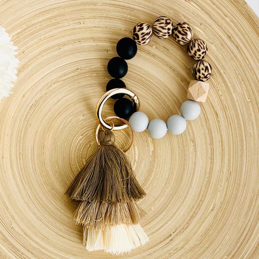 Bangle Keychain | Silicone Wristlet Key Ring | Ombre Tassel: Black Leopard