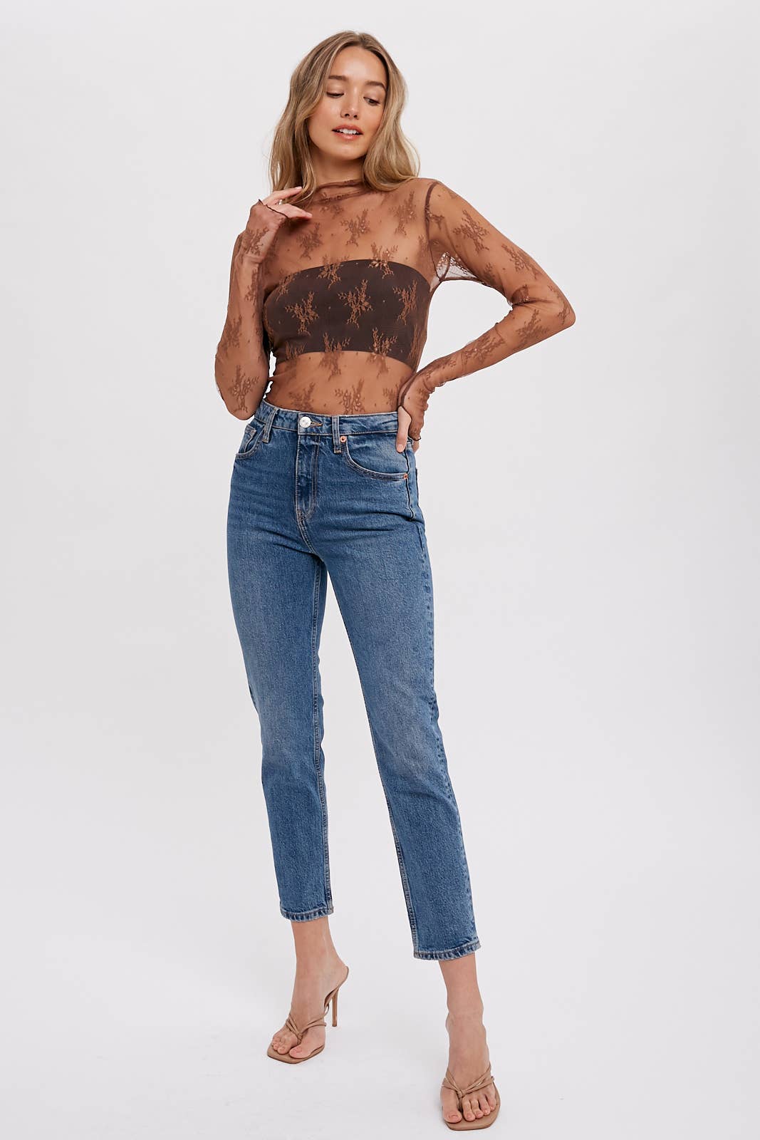 Mila Floral Embroidery Lace Mesh Layering Top | Hazelnut