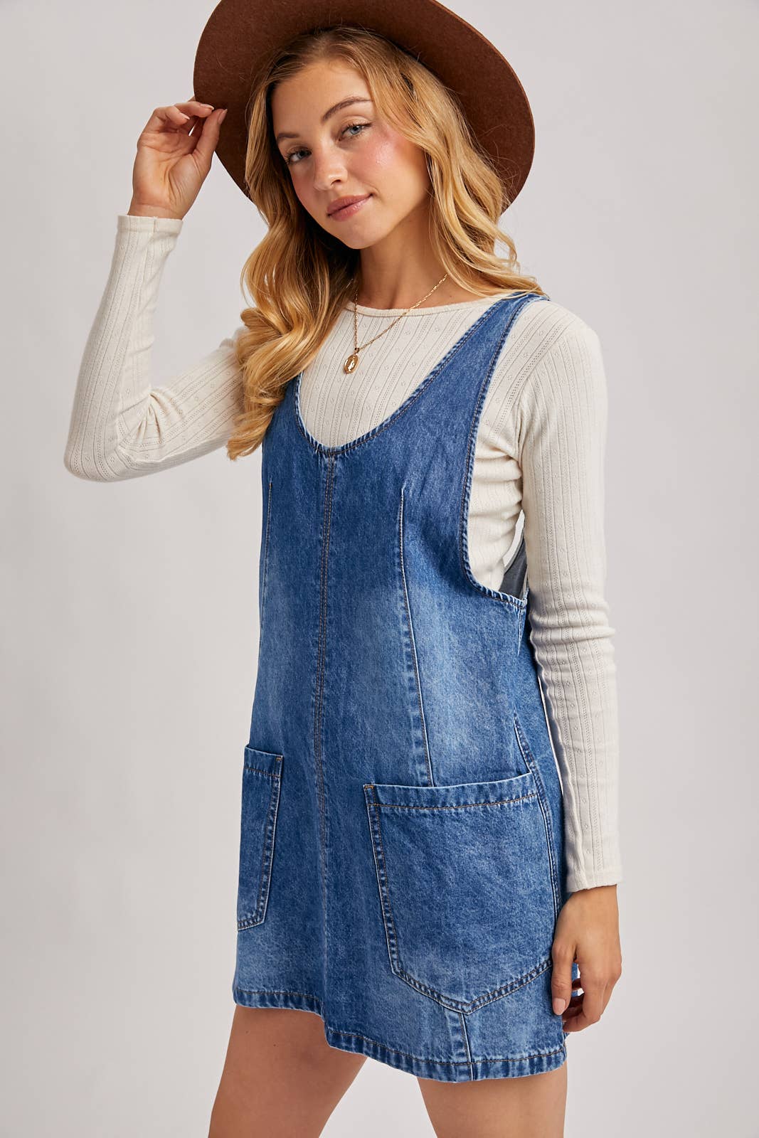 Dezzy Denim Washed Overall Pocket Dress | Light Wash