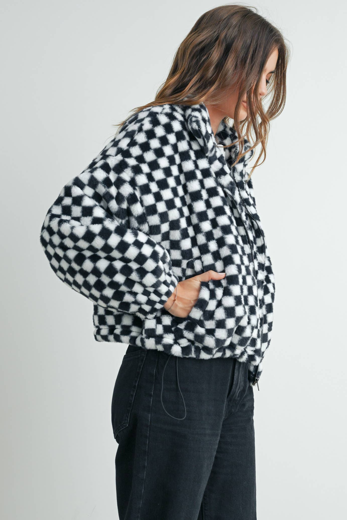 Cozy Checkered Teddy Jacket | TAUPE