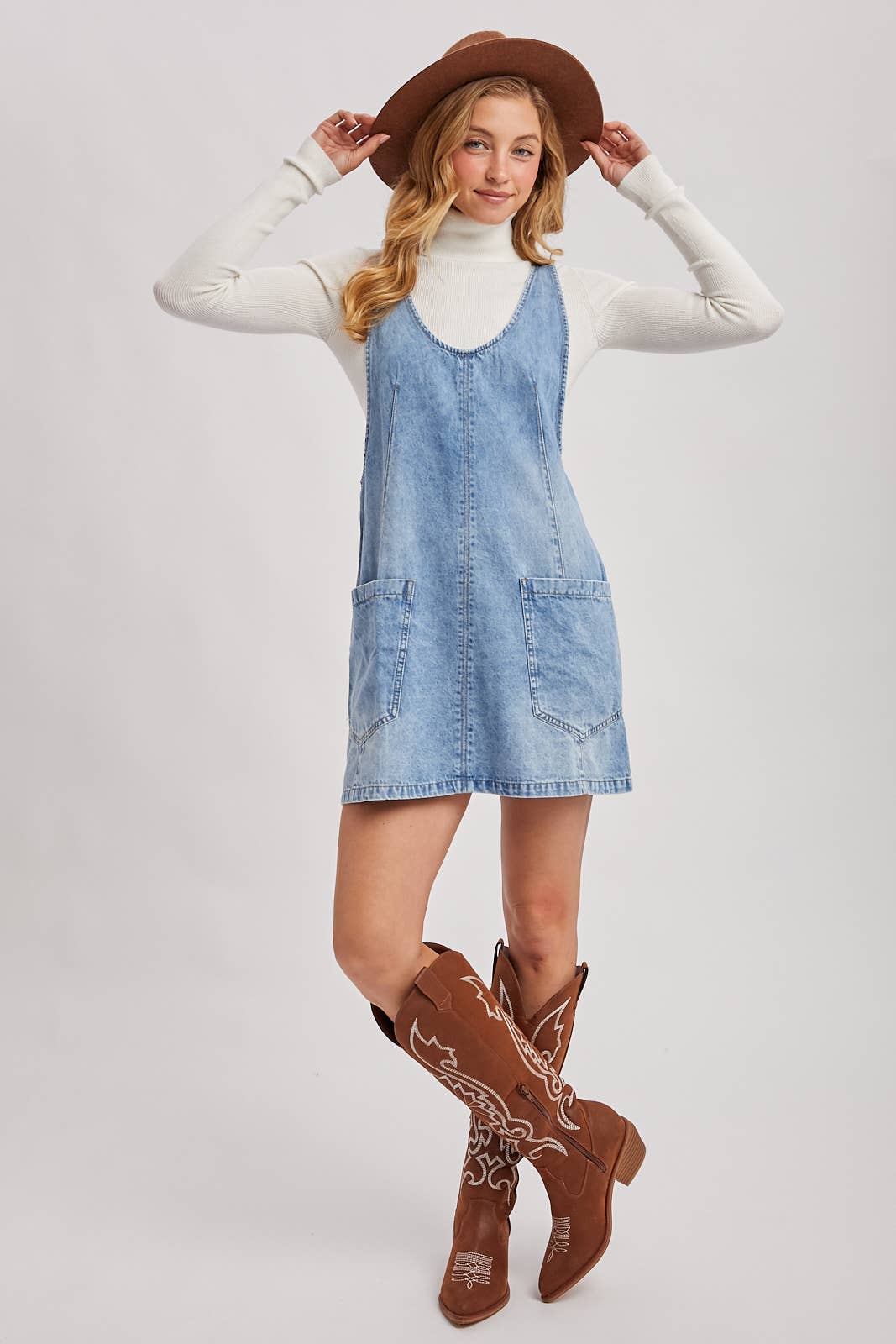 Dezzy Denim Washed Overall Pocket Dress | Light Wash