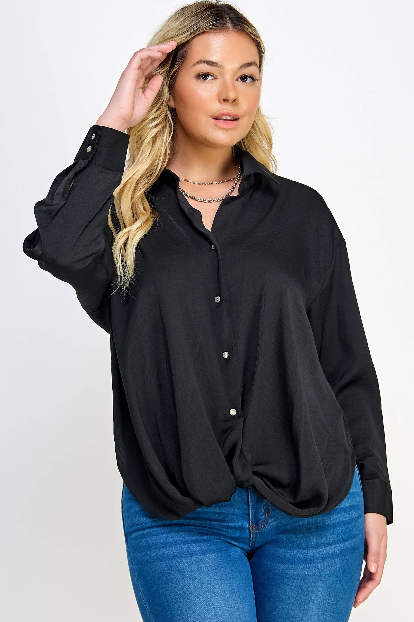 Plus Size Sabrina Satin Twist Front Shirt - Black