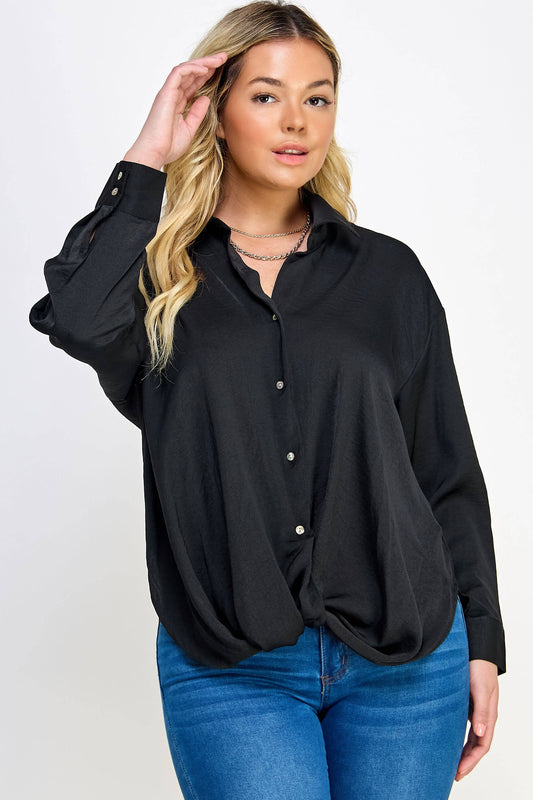 Plus Size Sabrina Satin Twist Front Shirt - Black