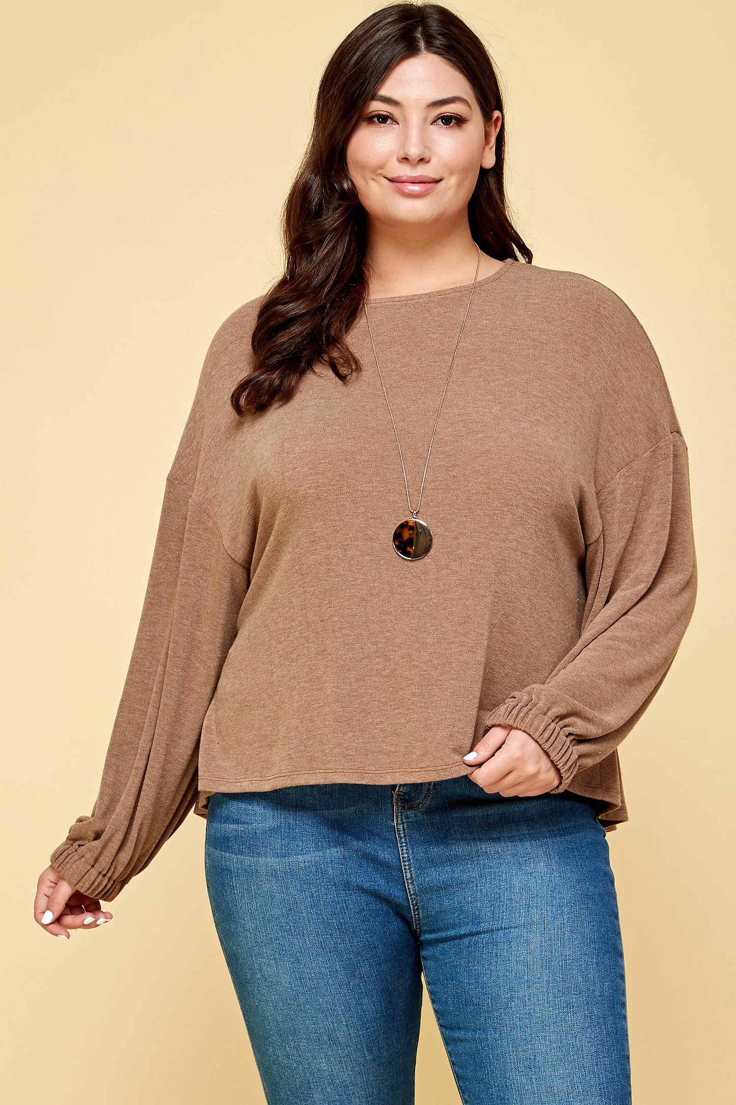 Lesley Plus Size Solid Rouched Back Top | Brown