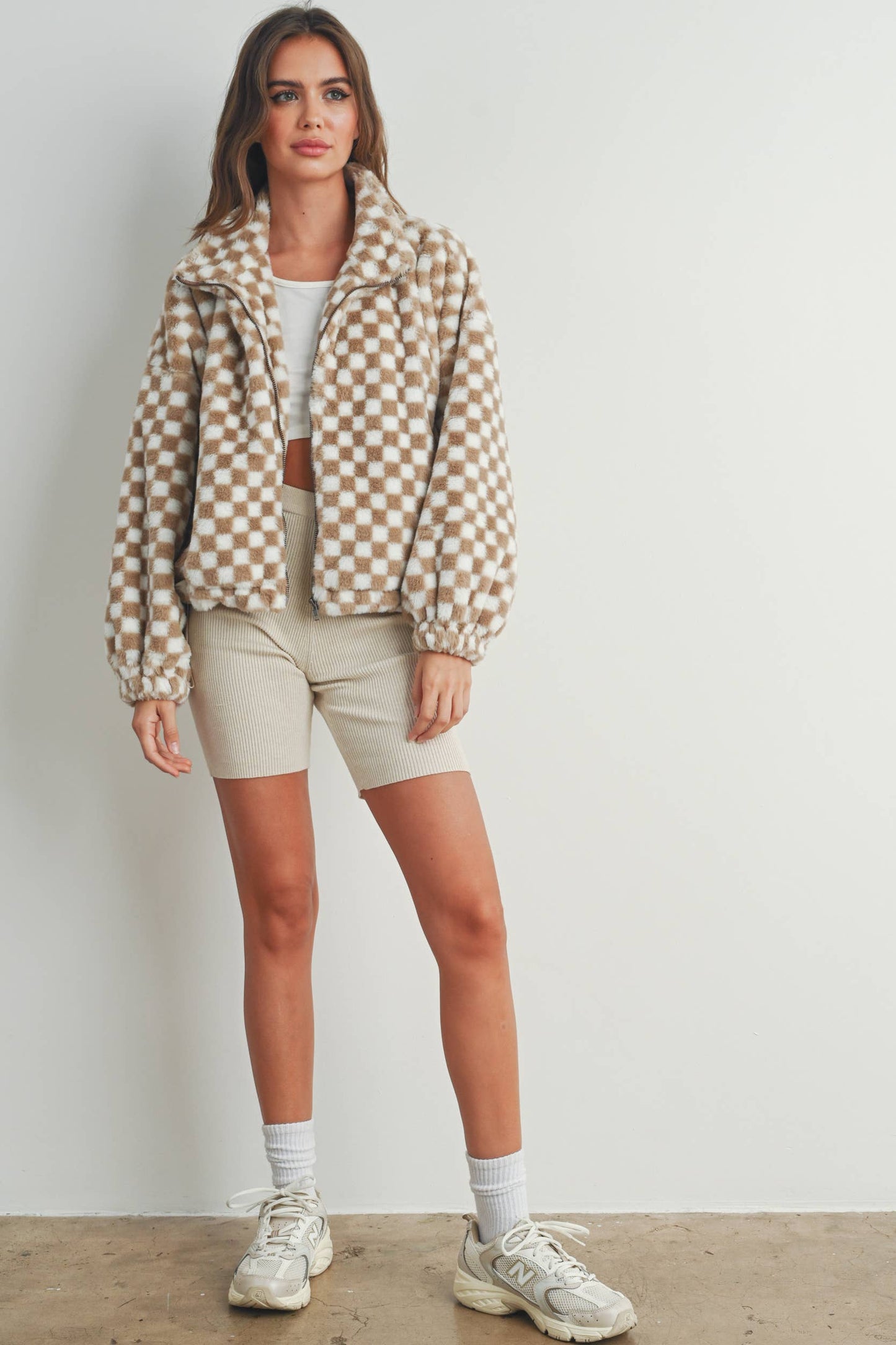 Cozy Checkered Teddy Jacket | TAUPE