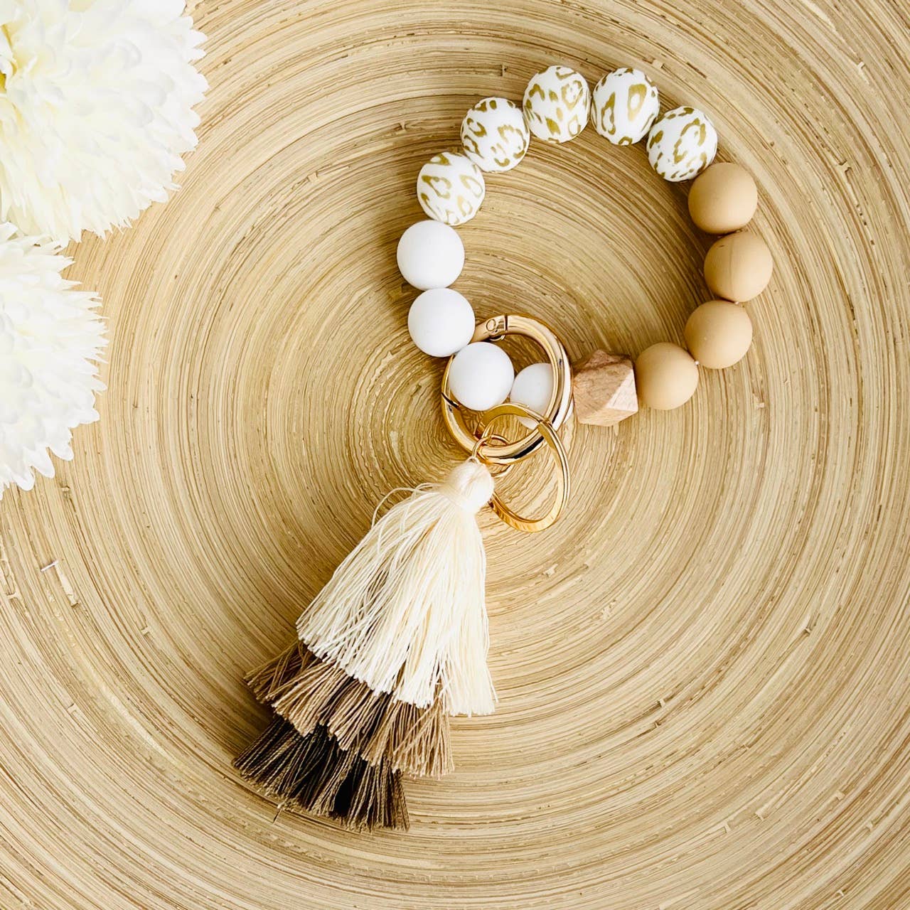 Bangle Keychain | Silicone Wristlet Key Ring | Ombre Tassel: White Leopard