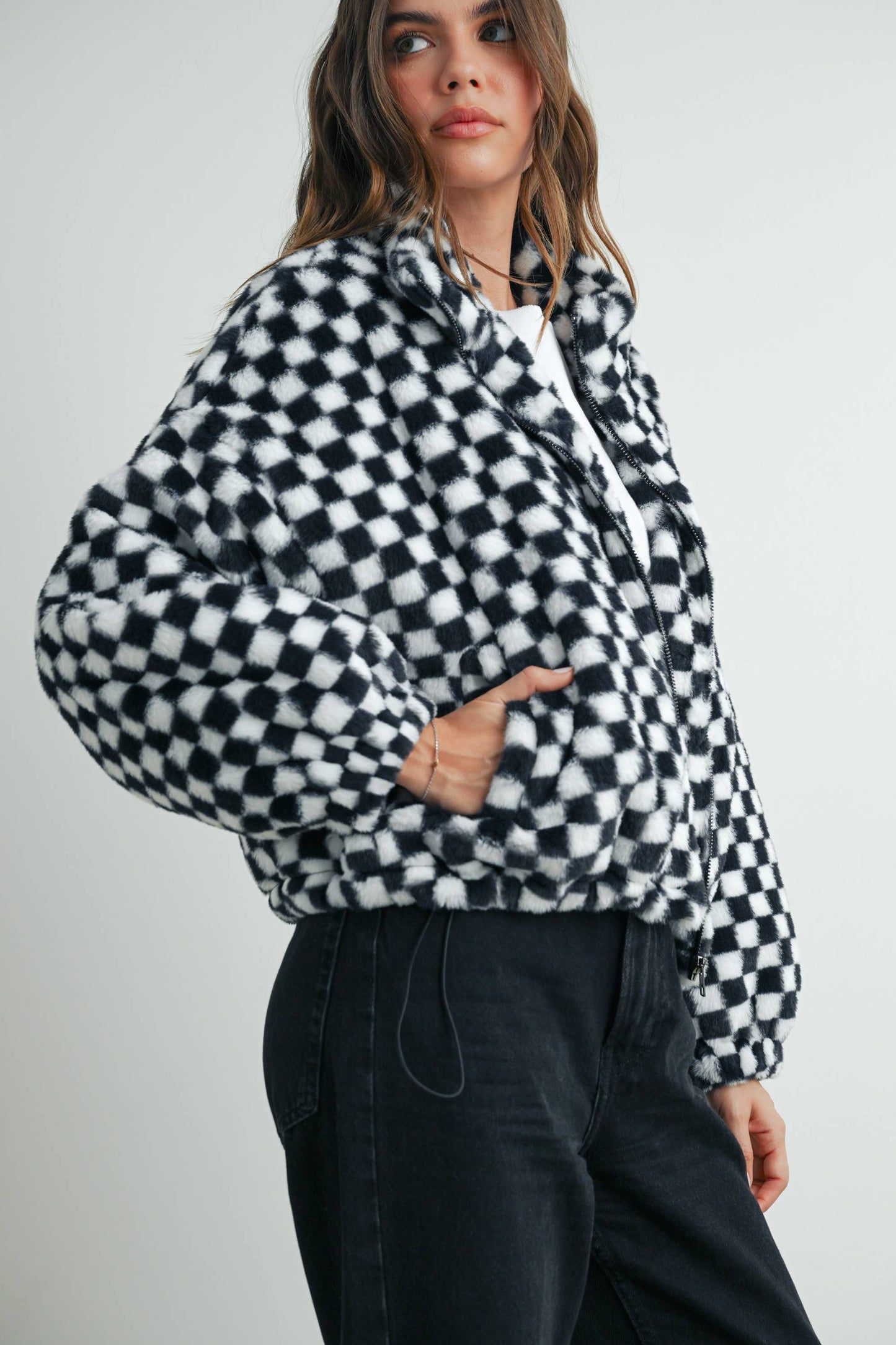 Cozy Checkered Teddy Jacket | TAUPE