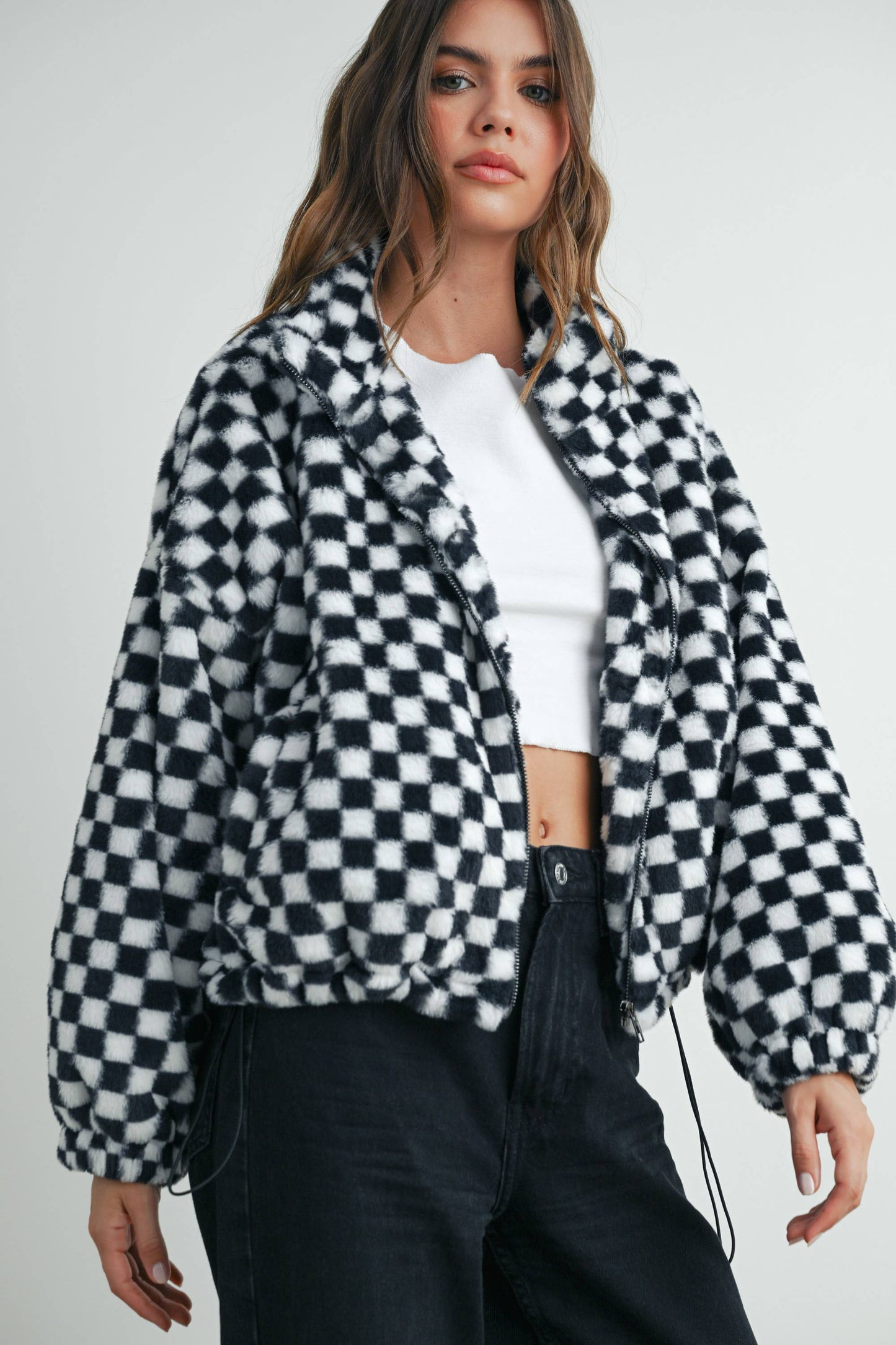 Cozy Checkered Teddy Jacket | TAUPE