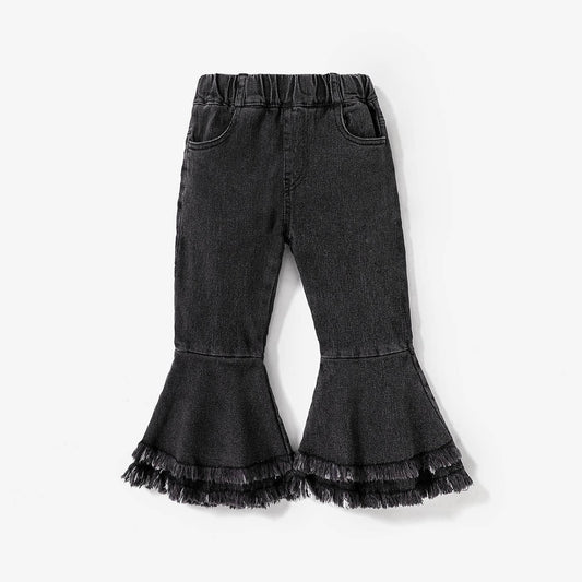 Hayley Girls Sweet Ruffle Edge Bell Bottom Jeans | Black