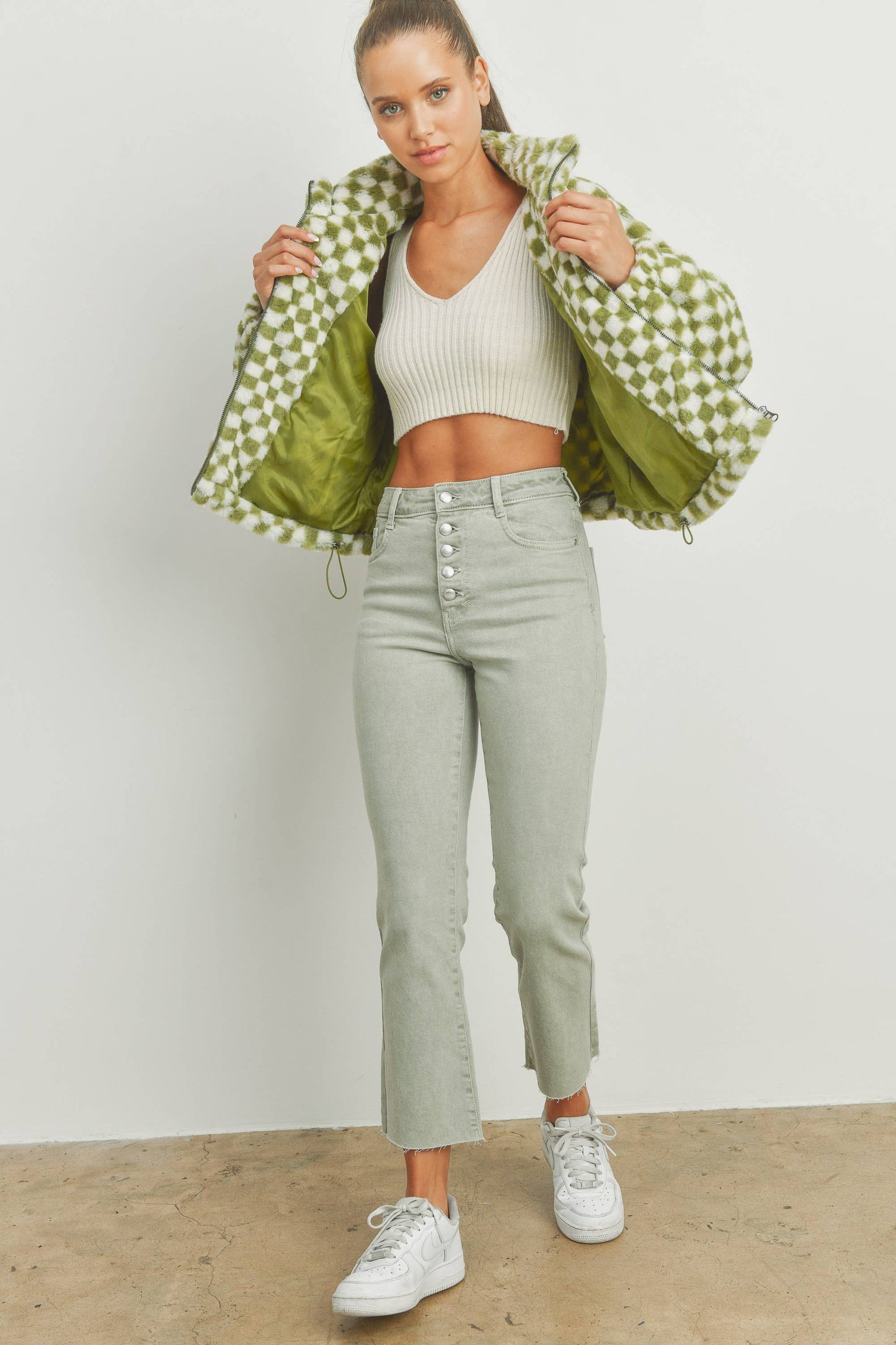 Cozy Checkered Teddy Jacket | TAUPE
