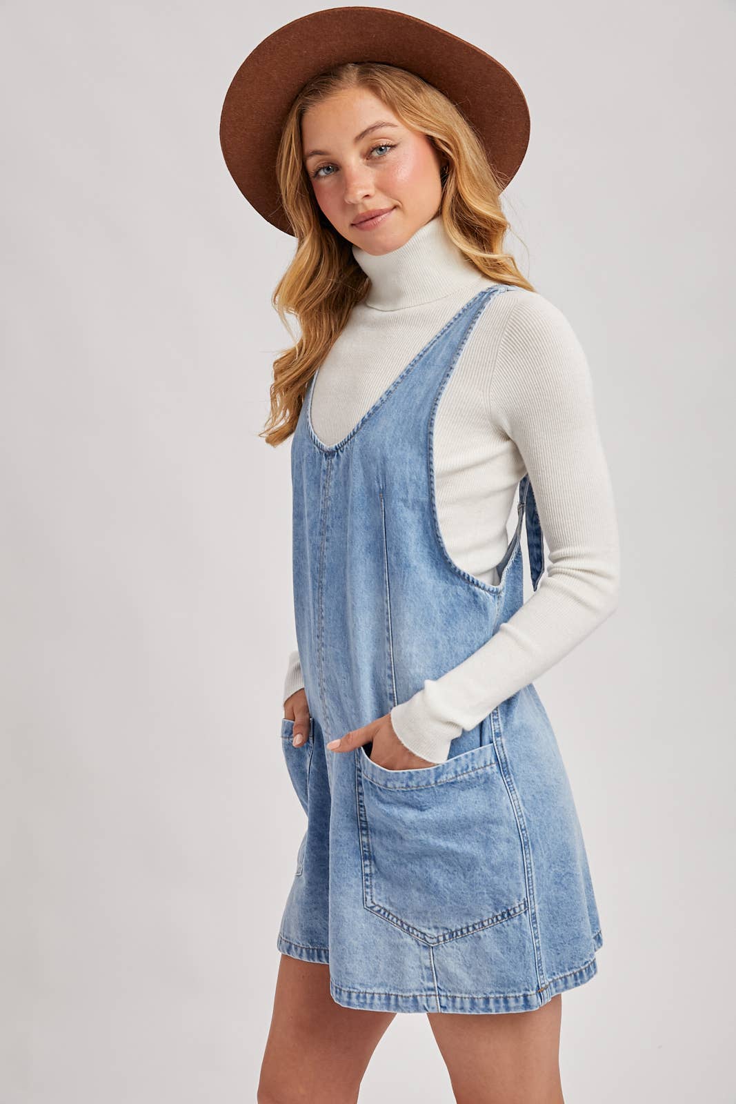 Dezzy Denim Washed Overall Pocket Dress | Light Wash