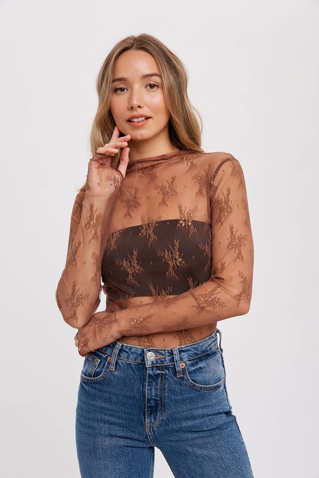 Mila Floral Embroidery Lace Mesh Layering Top | Hazelnut