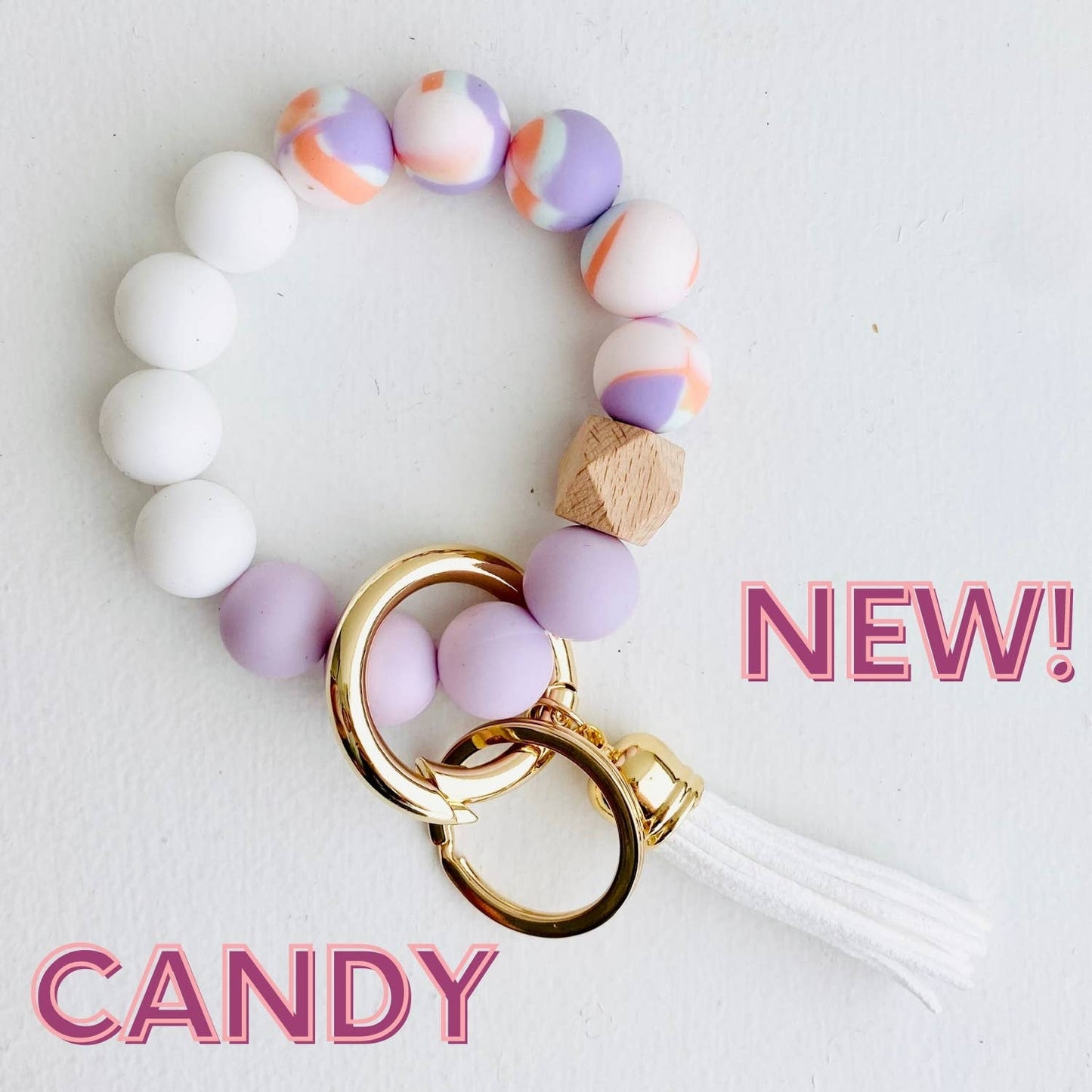 Bangle Keychain | Silicone Wristlet Key Ring | Bead Bracelet: Lavender Purple